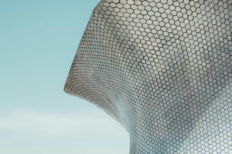 Contemporary architecture building with honeycomb pattern inspired by Lake Michigan wines.