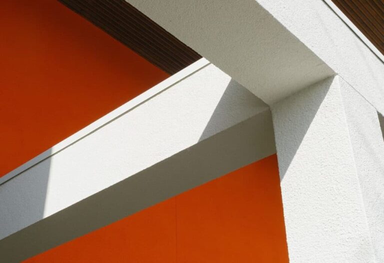 Bright modern architectural detail at Lake Michigan Wines with bold orange and white design.